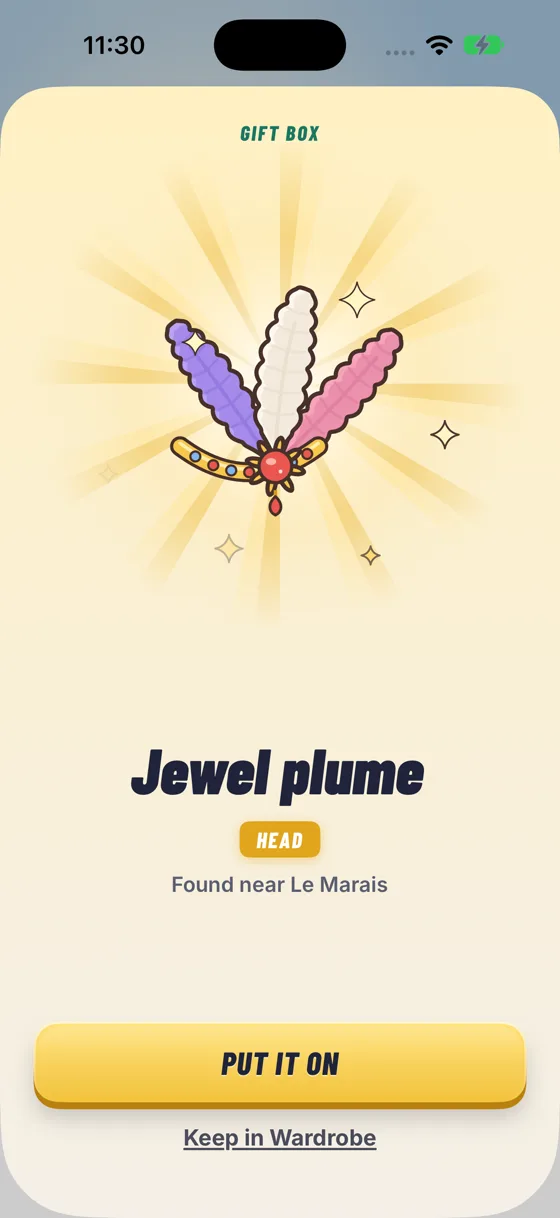 A gift box reveal in Walk with Mo: a jewel plume for Mo's head, found near Le Marais