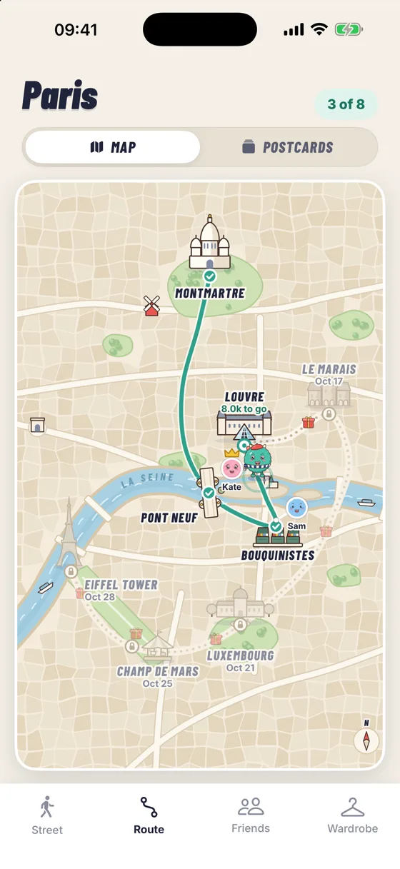 The Paris map in Walk with Mo: Montmartre, Pont Neuf and Bouquinistes reached, the Louvre 8,000 steps away, Kate and Sam marked on the route