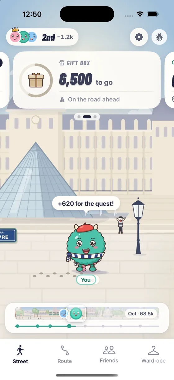 Walk with Mo home screen: Mo in a beret on the Louvre courtyard, a gift box card showing 6,500 steps to go, and the Paris minimap at the bottom