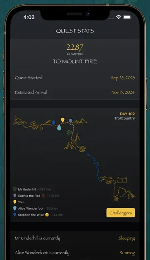 Fantasy Hike quest stats: 2,287 km to Mount Fire on day 102, with the route and the party's positions