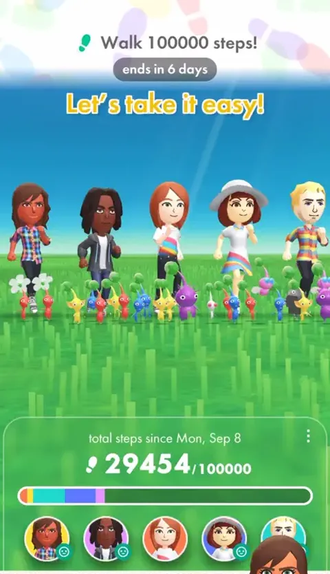 A Weekly Challenge in Pikmin Bloom: a team of friends walking toward 100,000 shared steps