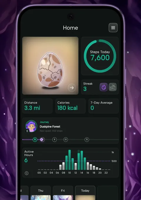 Steps & Beasts home: today's egg, a step ring at 7,600 and a 3-day streak