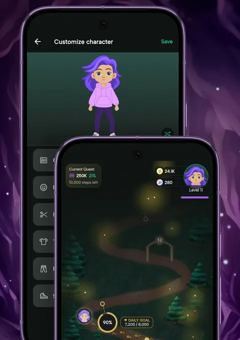 The Steps & Beasts journey map with a lit path and quest progress, next to the character customiser