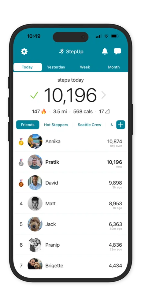 StepUp friends leaderboard: 10,196 steps today, friends ranked below