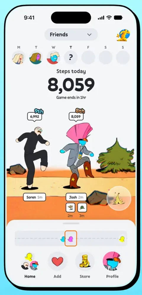 Stompers home: 8,059 steps today and friends' avatars racing on a track