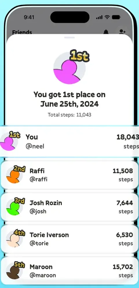 Stompers results: first place on June 25 with a leaderboard of five friends