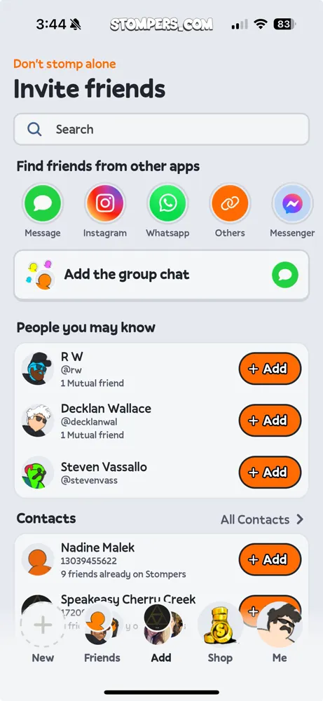 Stompers invite screen: find friends from Messages, Instagram, WhatsApp and your contacts