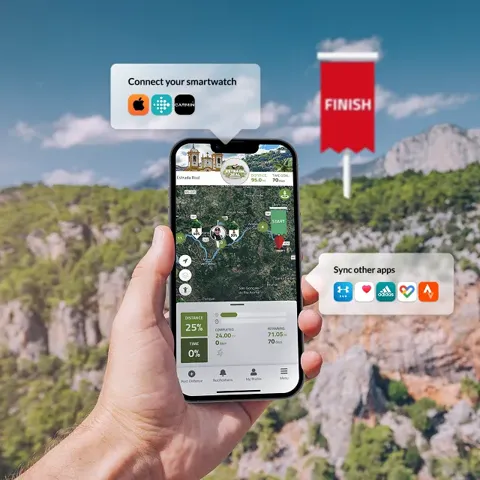 The Conqueror app in hand: a route map with a finish flag