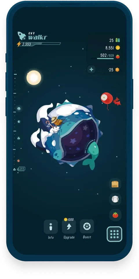 Walkr: the spaceship orbiting a planet, with fuel and resources at the top