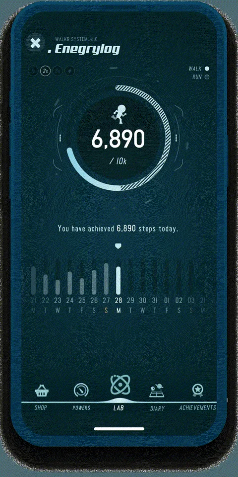 Walkr energy log: 6,890 of 10,000 steps today and a month of bars