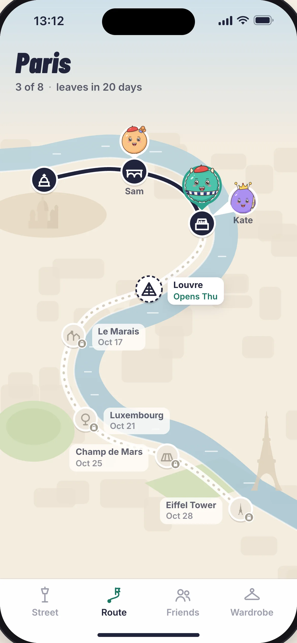 Route screen: a map of Paris along the Seine with 8 districts. Mo and Kate are at the Bouquinistes, Sam at Pont Neuf, the Louvre opens Thursday.